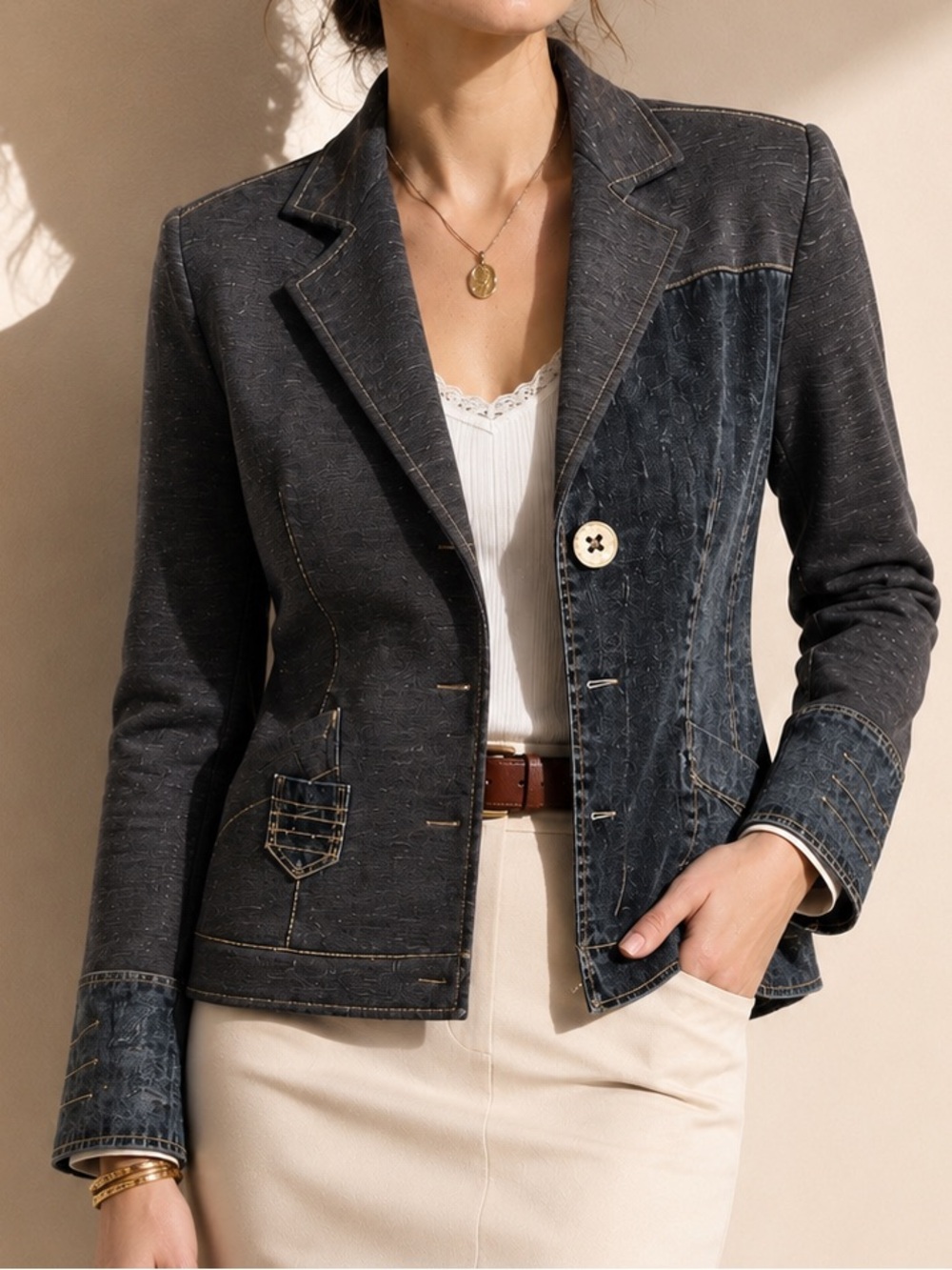 Elisa Cavaletti Klymta Jersey Knit + Denim Blazer Patchwork Asymmetrical Sz M - Picture 3 of 16